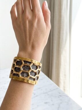 Kara Ross Gold & Snakeskin Leather Honeycomb Cuff Bracelet